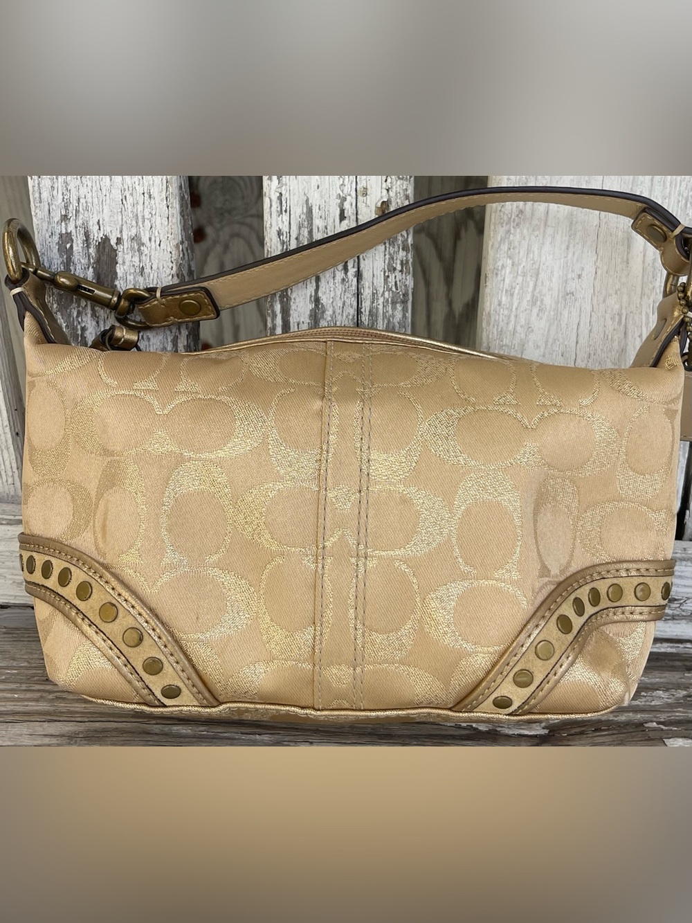 Vintage Coach Signature Demi Baguette Gold Lurex Studded Y2K Shoulder Bag